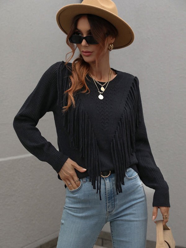 Women’s Solid Color Knit Fringed Sweater