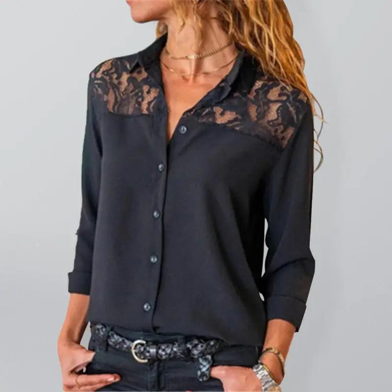 Einfarbiges Langarm-Oberteil für Damen mit Spitzenärmeln und Passe-Shirt