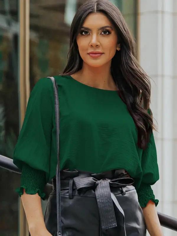 Women’s Solid Color Loose Fit Blouse With Ruffled Mid Length Sleeves