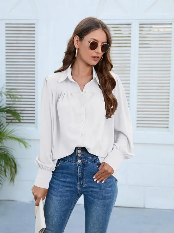 Women’s Solid Color Loose Fit Collared Button Down Blouse With Pleated Hem And Puffed Sleeves