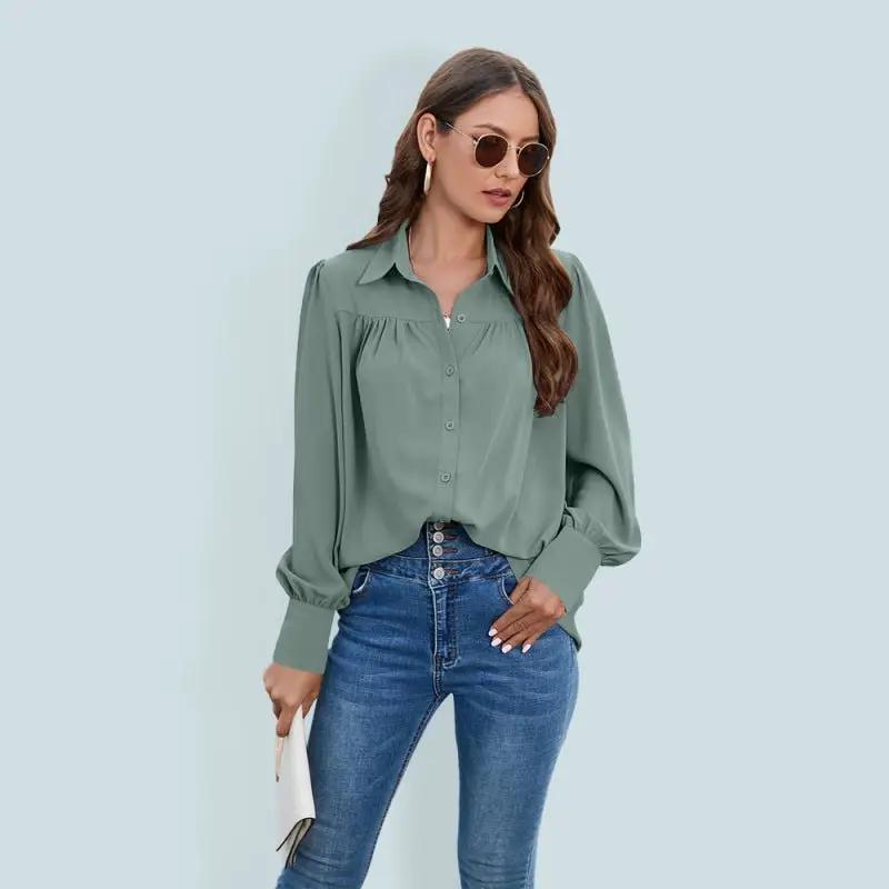 Women’s Solid Color Loose Fit Collared Button Down Blouse With Pleated Hem And Puffed Sleeves