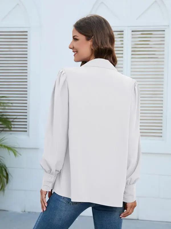 Women’s Solid Color Loose Fit Collared Button Down Blouse With Pleated Hem And Puffed Sleeves