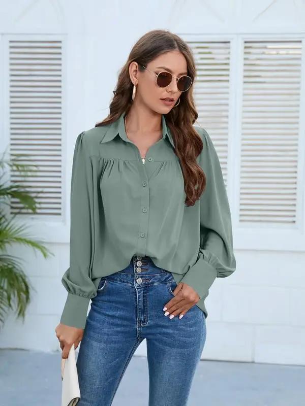 Women’s Solid Color Loose Fit Collared Button Down Blouse With Pleated Hem And Puffed Sleeves