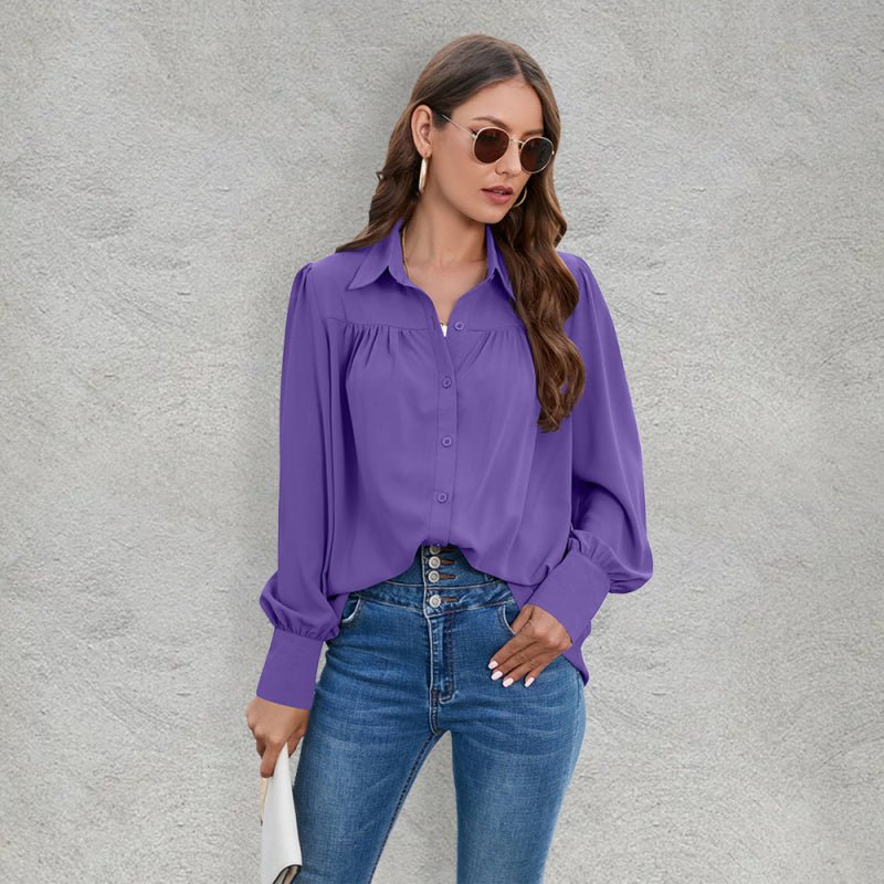 Women’s Solid Color Loose Fit Collared Button Down Blouse With Pleated Hem And Puffed Sleeves