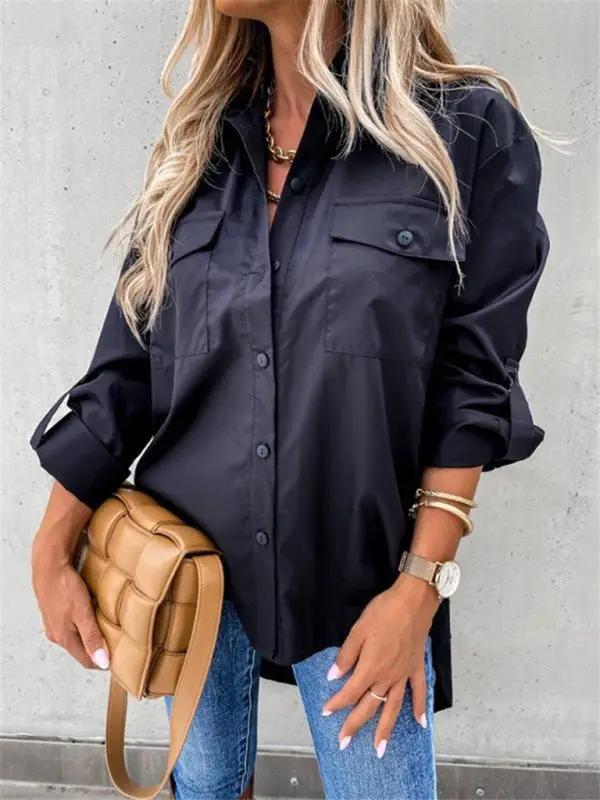 Einfarbiges, unregelmäßiges Langarm-Revershemd für Damen mit Taschen