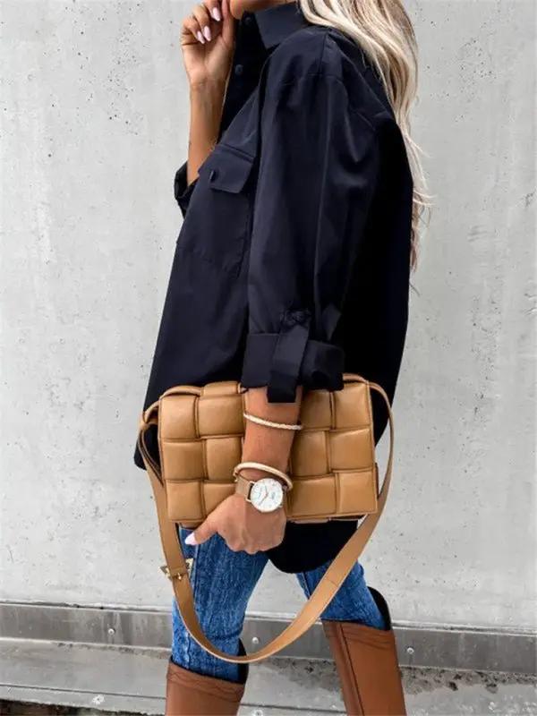 Einfarbiges, unregelmäßiges Langarm-Revershemd für Damen mit Taschen