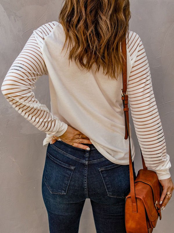 Einfarbiges, durchsichtiges, gestreiftes Langarmshirt für Damen mit V-Ausschnitt