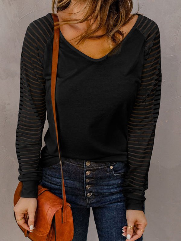Einfarbiges, durchsichtiges, gestreiftes Langarmshirt für Damen mit V-Ausschnitt