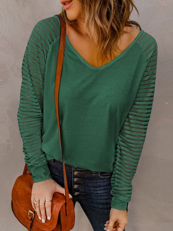 Einfarbiges, durchsichtiges, gestreiftes Langarmshirt für Damen mit V-Ausschnitt