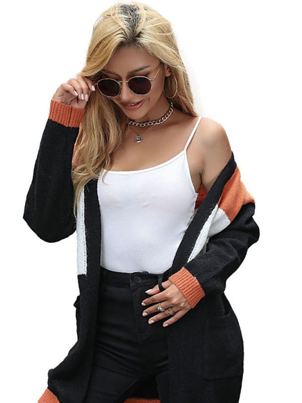 Women’s V Neck Long Sleeve Turbo Colorblocked Cardigan