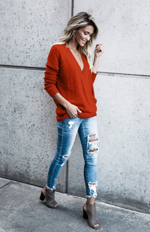 T-Shirt à manches longues tricoté en laine pour femmes, grand col en v, vêtements amples pour femmes