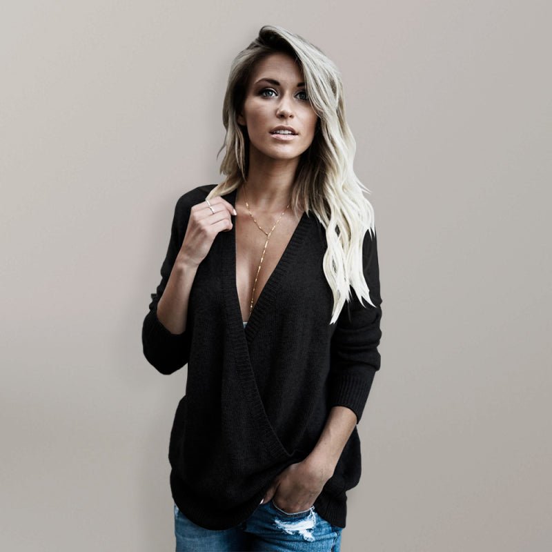 T-Shirt à manches longues tricoté en laine pour femmes, grand col en v, vêtements amples pour femmes