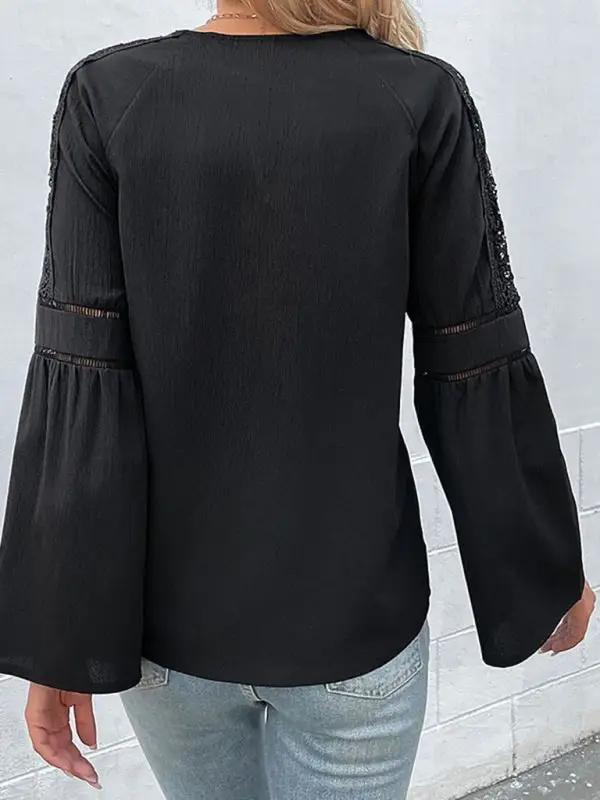 Damen-Langarmshirt aus gewebter Spitze mit V-Ausschnitt und Nähten