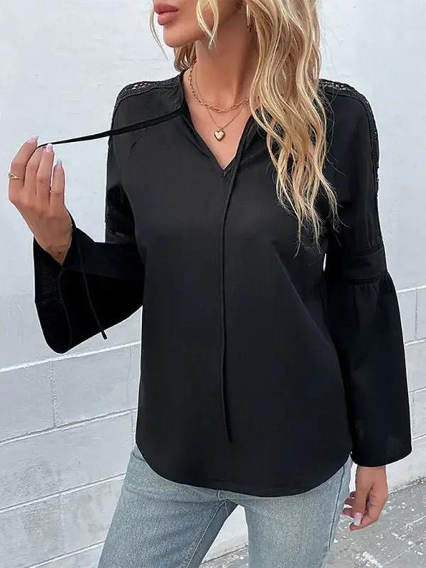 Damen-Langarmshirt aus gewebter Spitze mit V-Ausschnitt und Nähten
