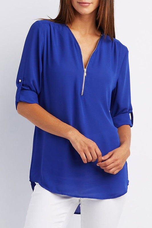 V-Ausschnitt Reißverschluss große Größe Langarm-Pullover aus Chiffon für Pendler mit lockerem Schnitt