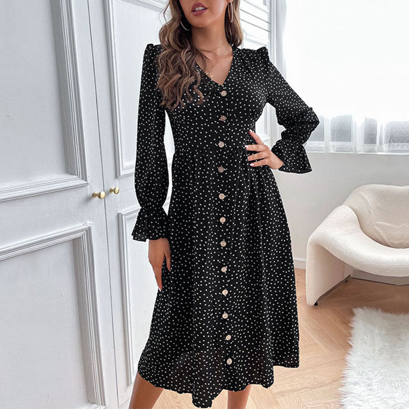 Herbstliches Damen-Temperament-Schwarzwellen-Punkt-Langarmkleid