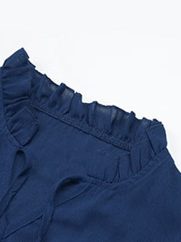 Neck Tie Pleated Elastic Waist Dress Women&