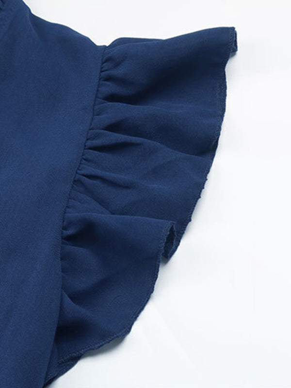 Neck Tie Pleated Elastic Waist Dress Women&