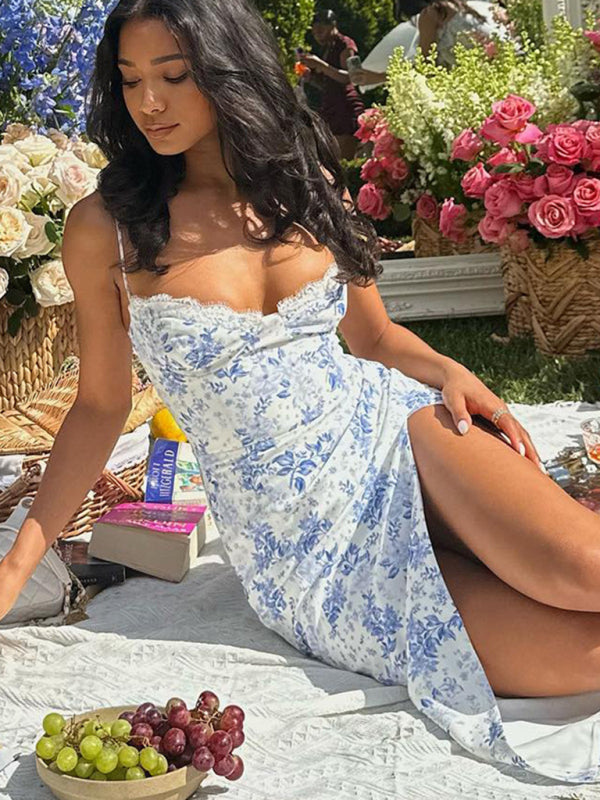 Robe à bretelles fendue pour femmes, petite robe florale à la mode, nouvelle collection