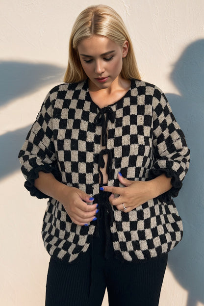 Double Take Tied Checkered Dropped Shoulder Flounce Sleeve Cardigan