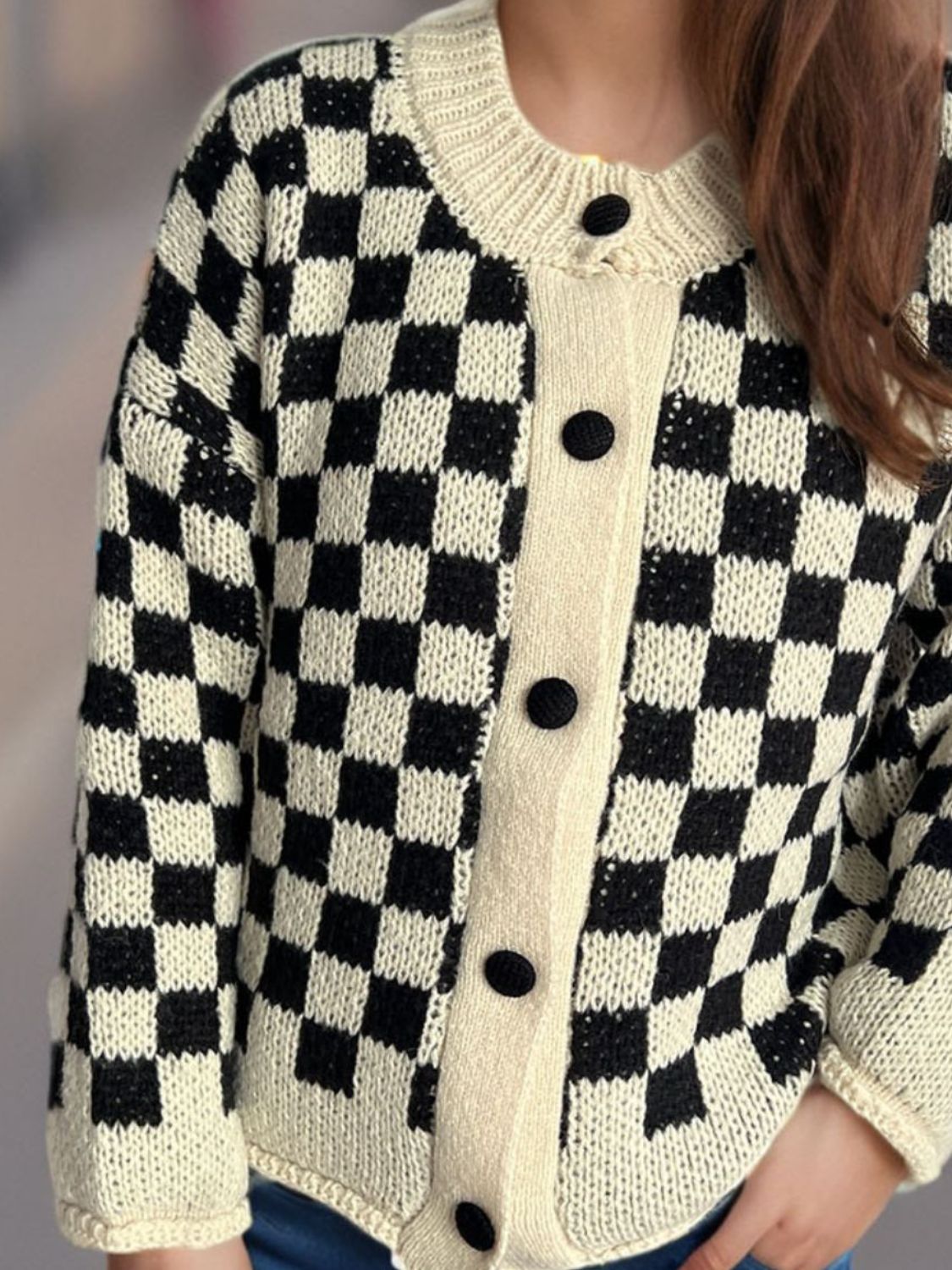 Checkered Button Up Round Neck Cardigan