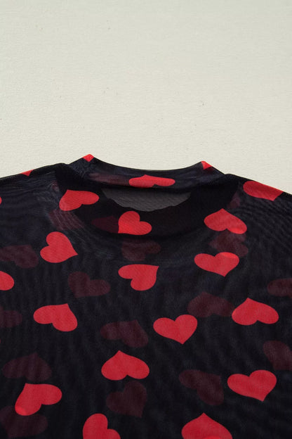 Valentines Heart Printed Sheer Mesh Long Sleeve Top