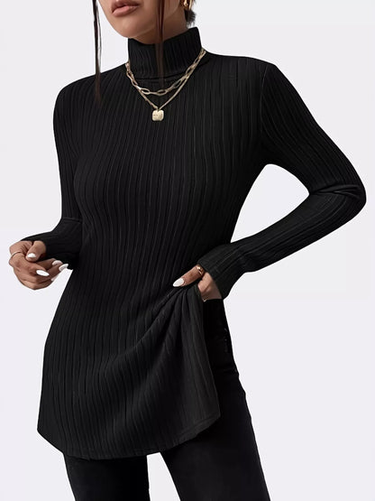 Plus Size Slit Ribbed Turtleneck Long Sleeve T-Shirt