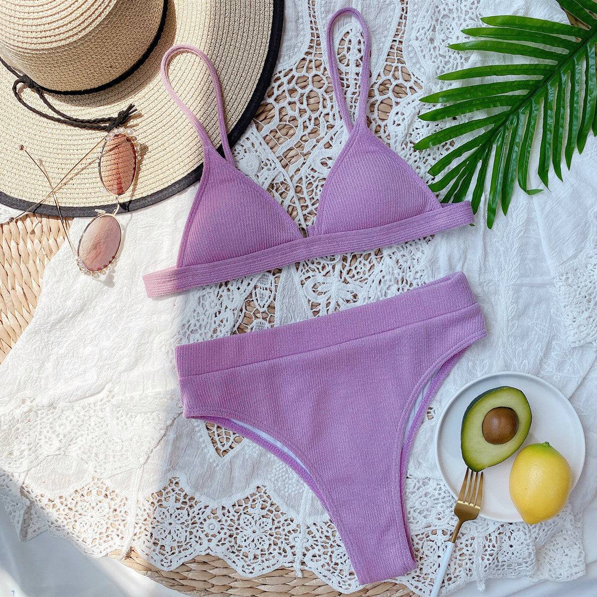 Lavender ribbed bikini set with summer accessories