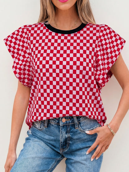 Checkered Print Ruffle Cap Sleeve Contrast Trim Round Neck Top