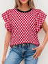 Checkered Print Ruffle Cap Sleeve Contrast Trim Round Neck Top