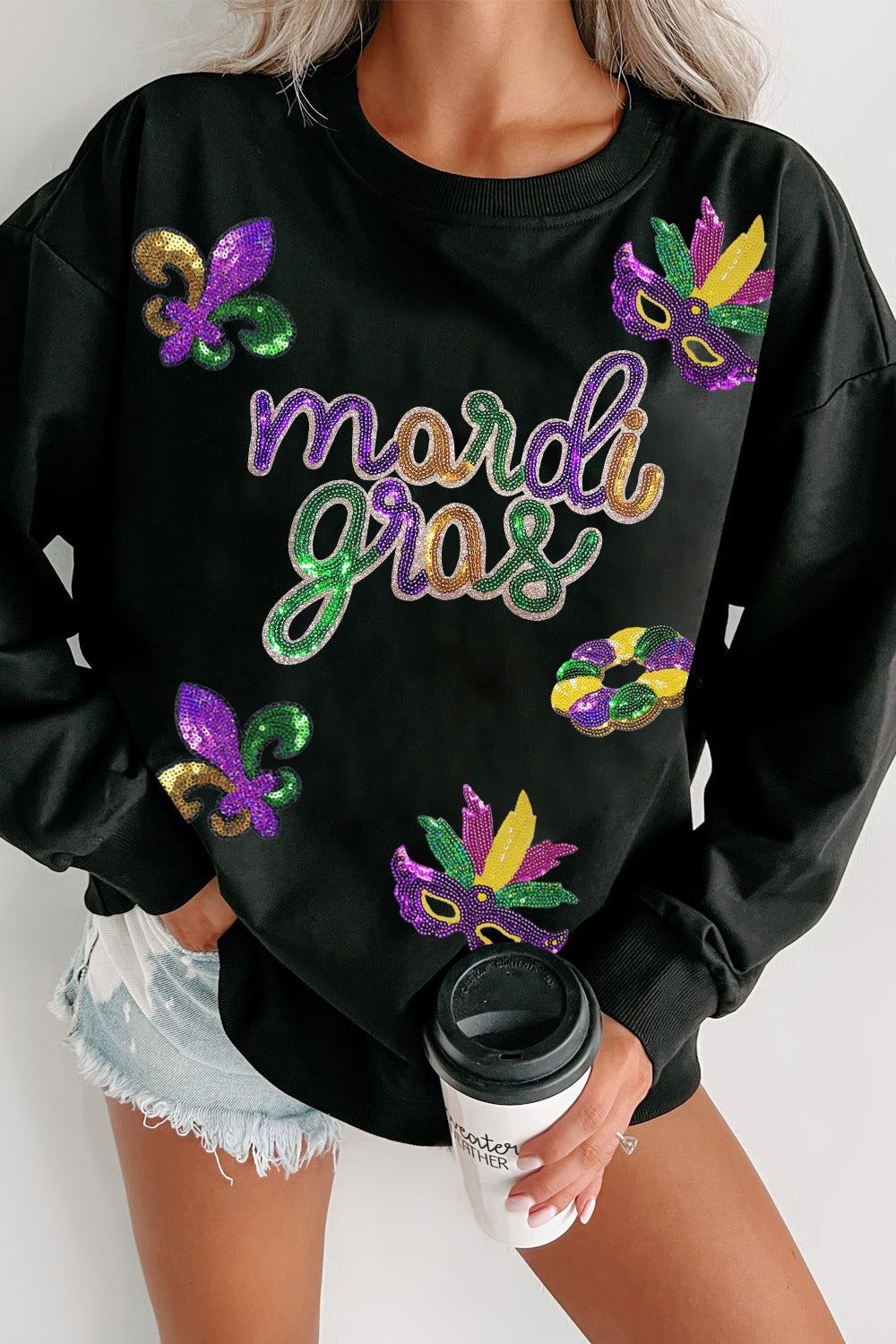 MARDI GRAS Sequin Round Neck Sweatshirt