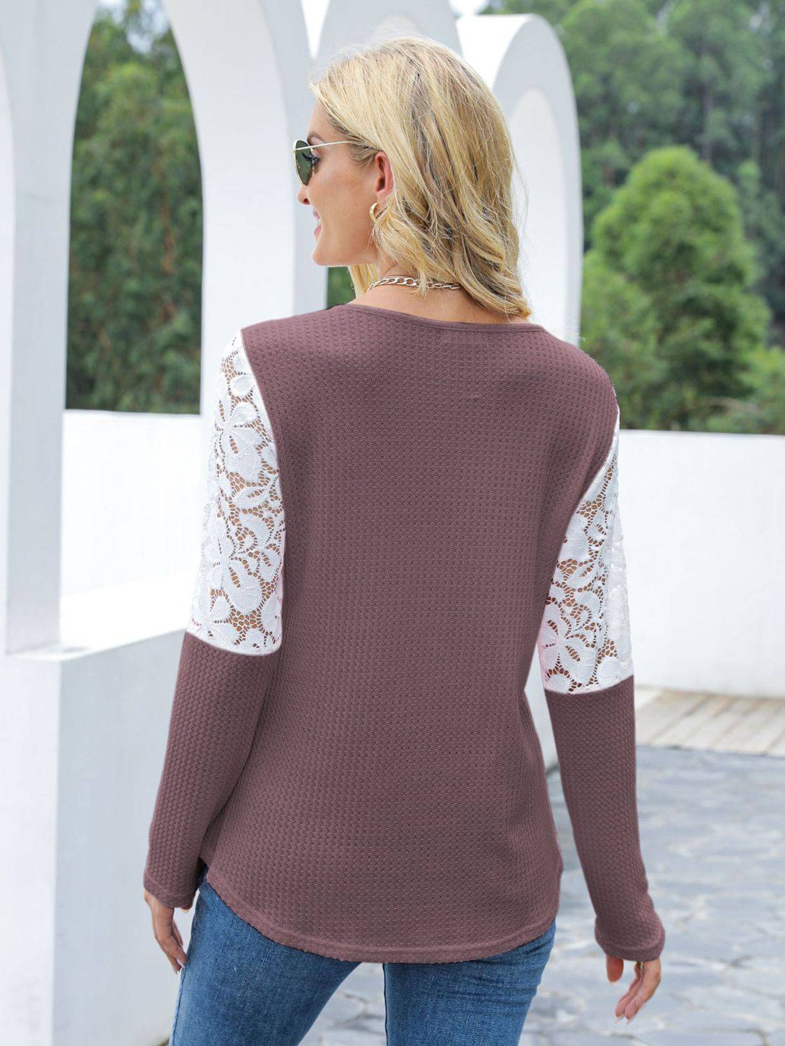 Back view of purple lace round neck long sleeve t-shirt