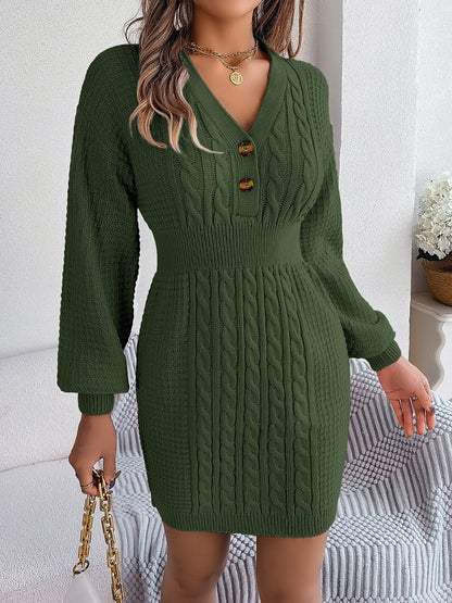 Buttoned Cable-Knit V-Neck Sweater Dress