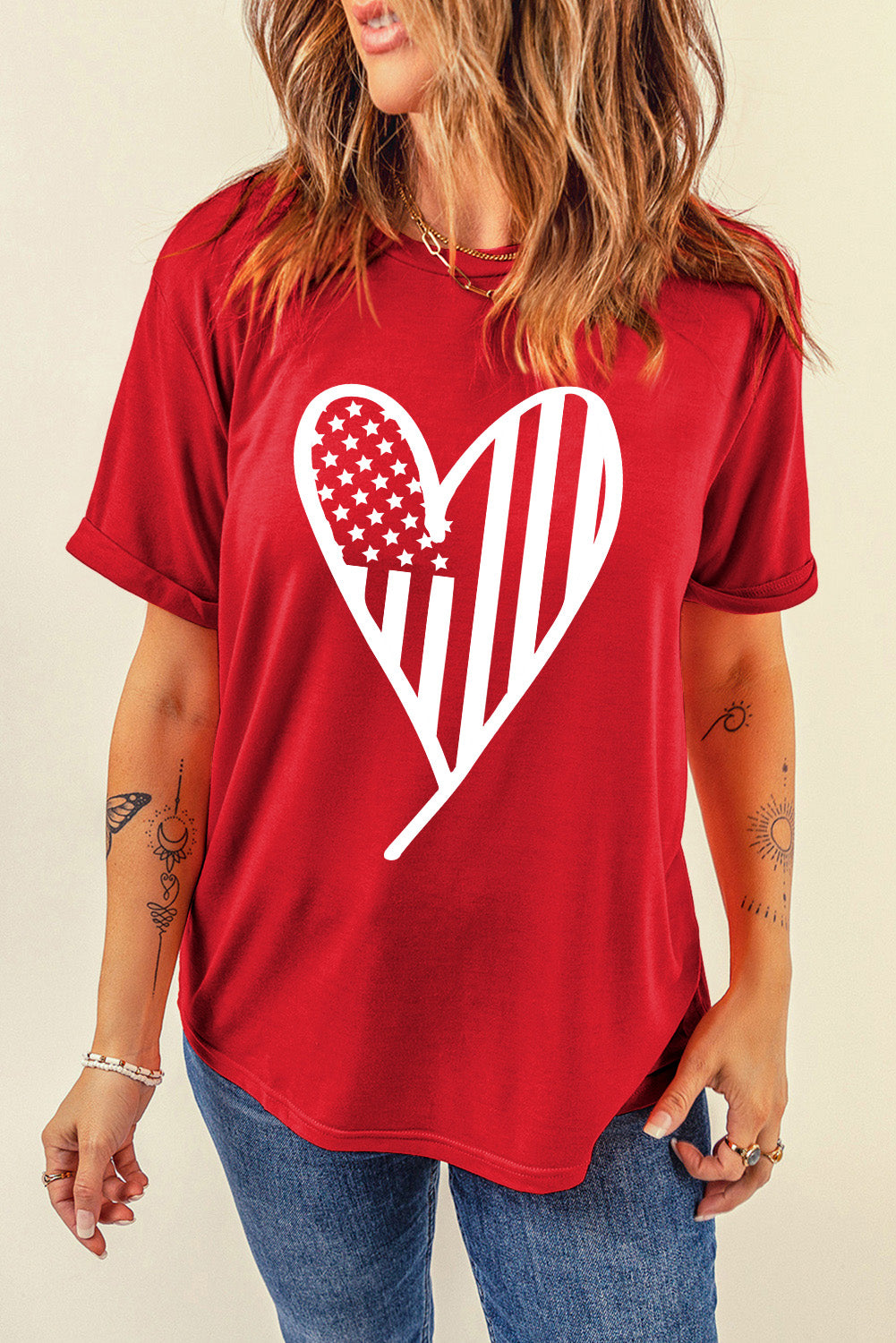 Heart Round Neck Short Sleeve T-Shirt