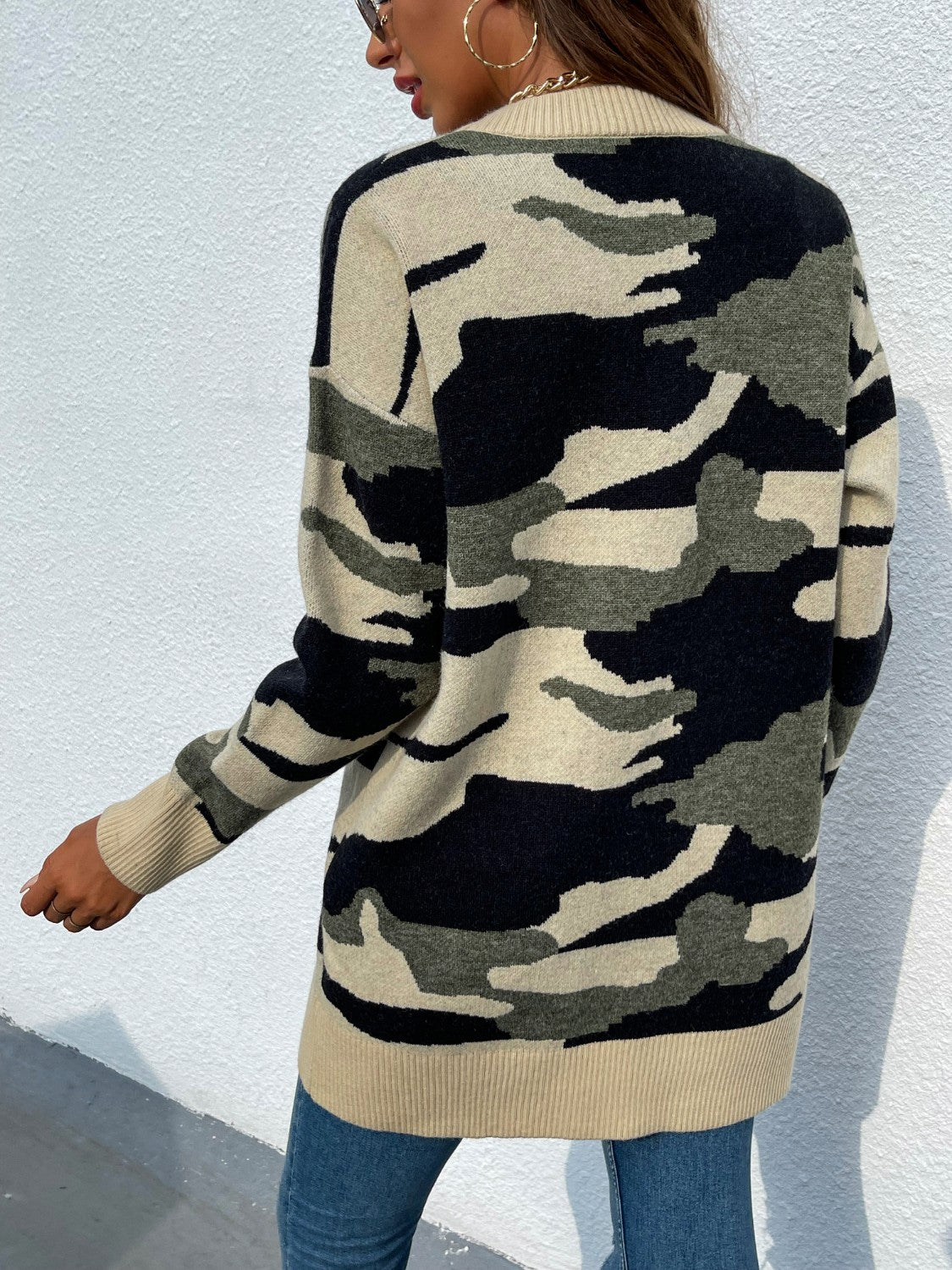 Camouflaged Dropped Shoulder Open Front Cardigan