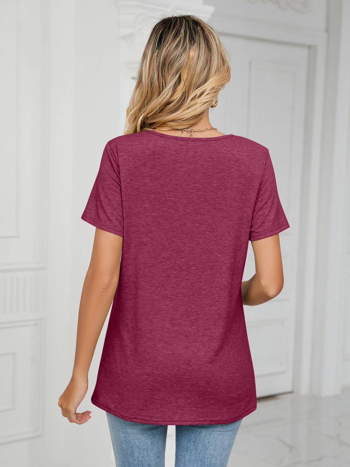 Purple ruched V-neck short sleeve T-shirt back view