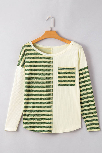 Striped round neck long sleeve top on hanger