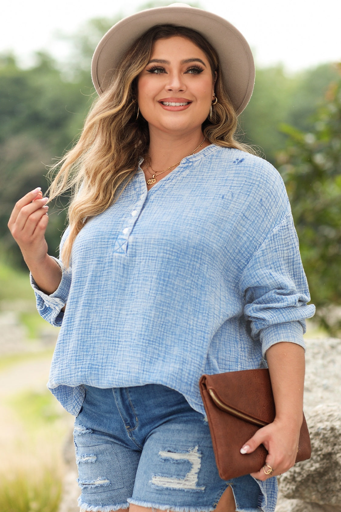 Plus Size Half Button Long Sleeve Blouse