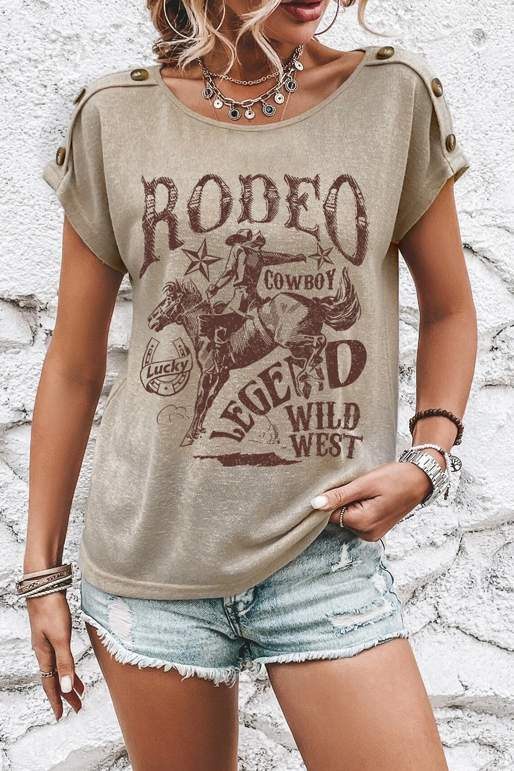 Rodeo graphic button detail short sleeve t-shirt front view