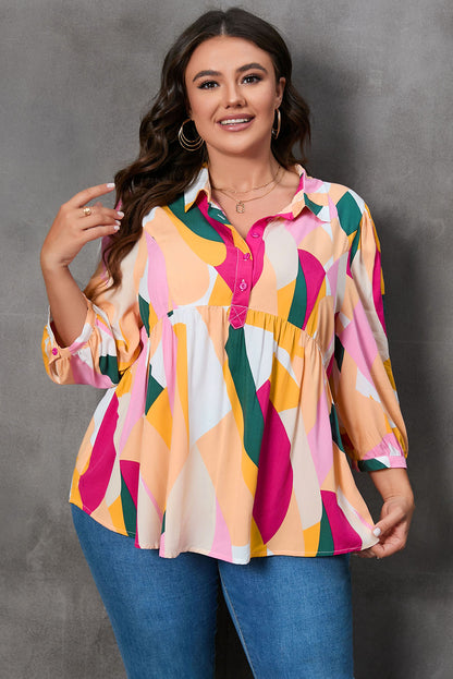 Plus Size Printed Collared Neck Half Button Top