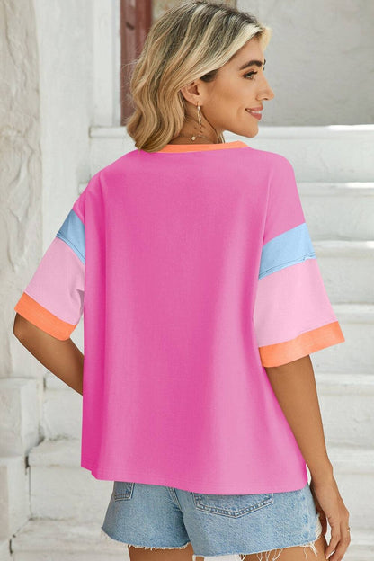 Back view of pink color block round neck t-shirt