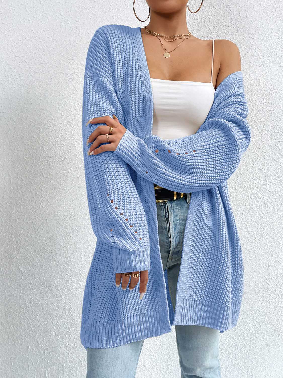 Open Front Dropped Shoulder Slit Cardigan