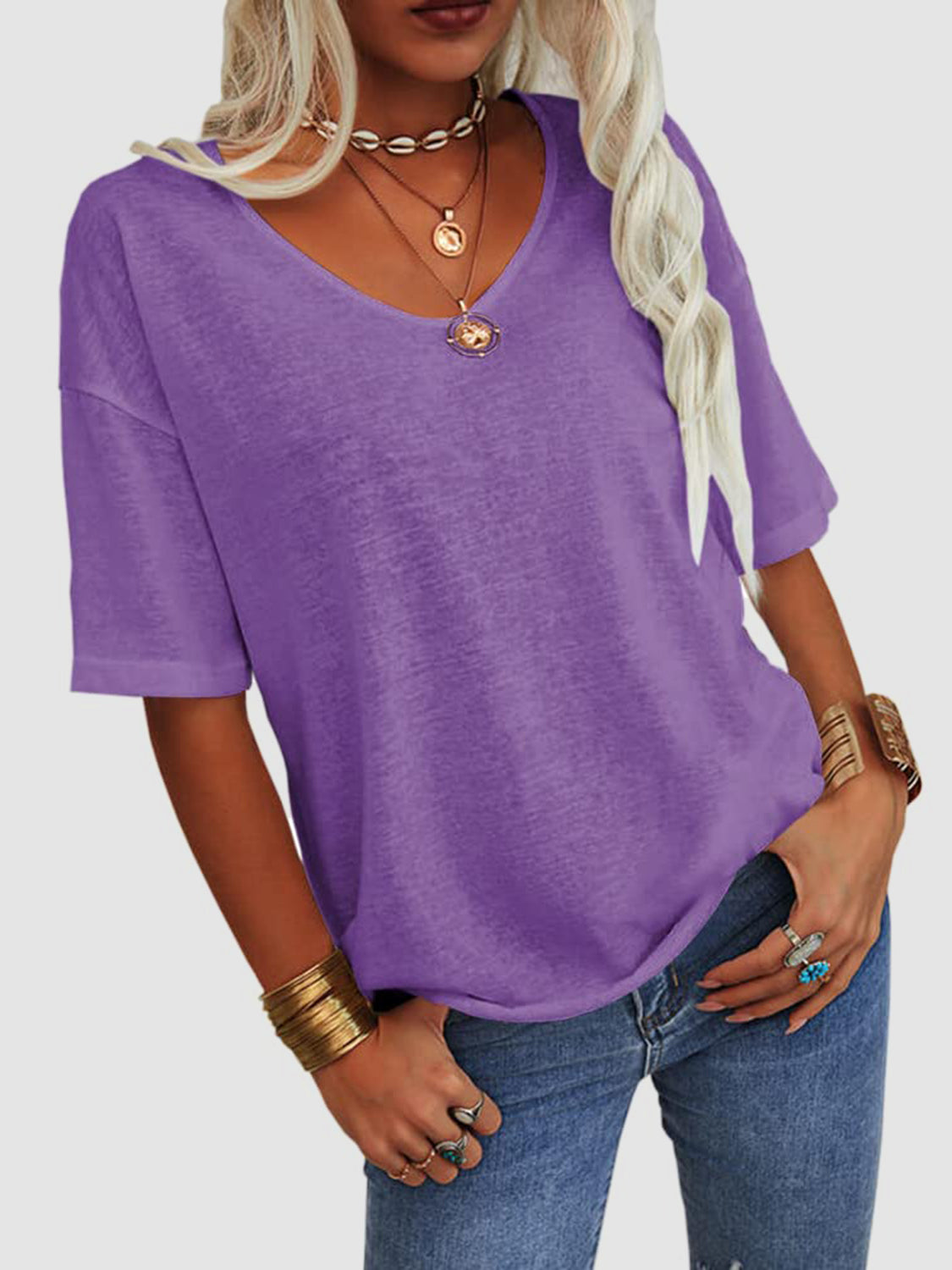 V-Neck Dropped Shoulder Half Sleeve T-Shirt