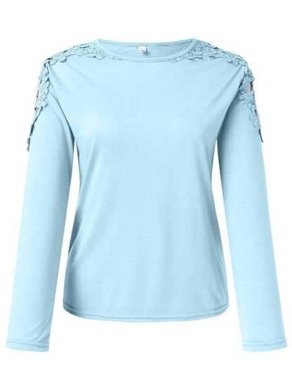 Front view of light blue cutout round neck long sleeve t-shirt