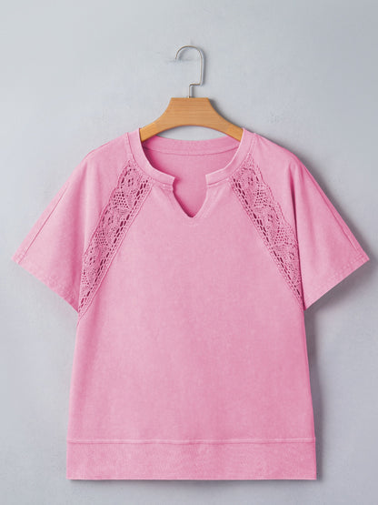 Raw Cut Notched Neck Lace Patchwork Detail Mineral Wash Tee