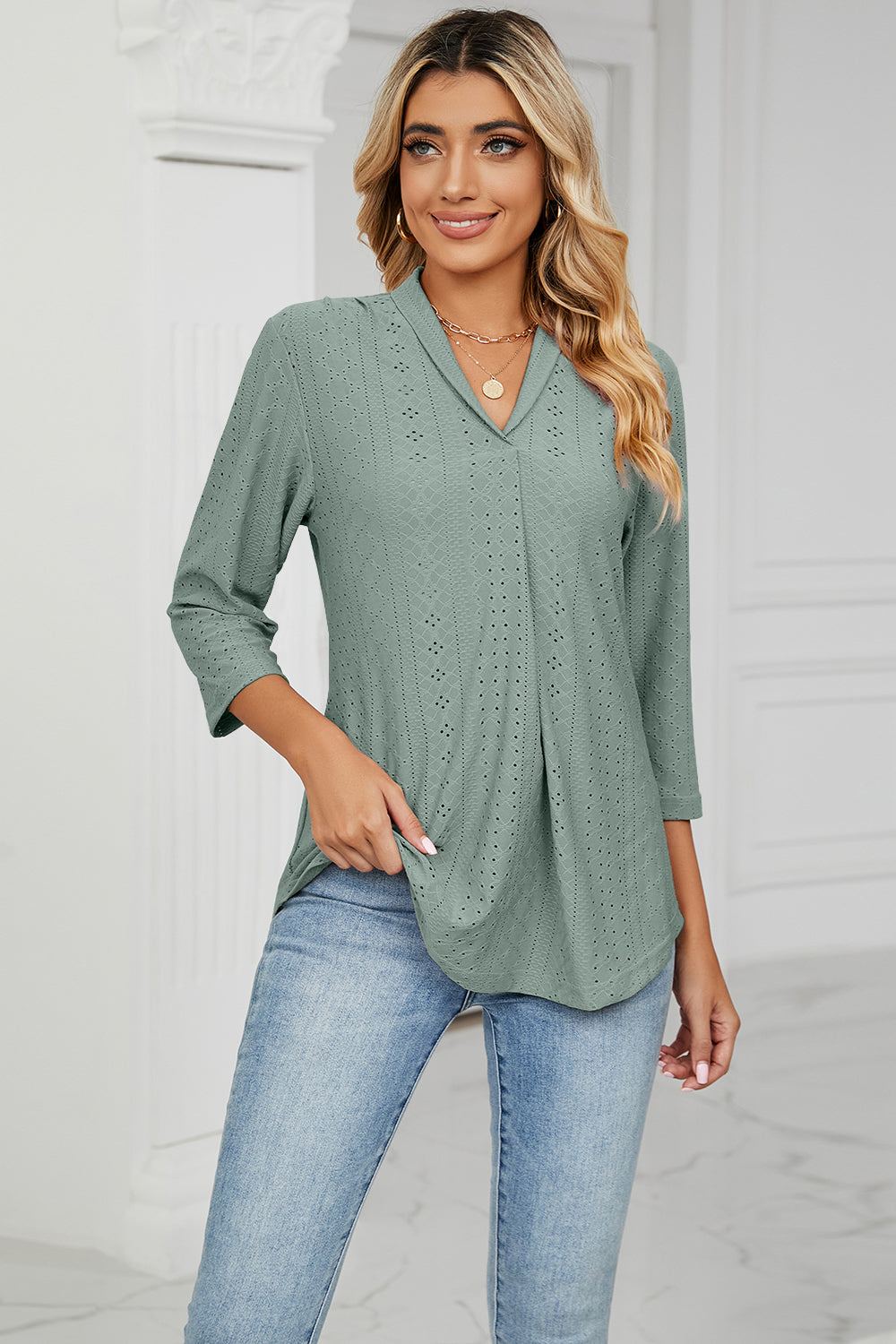 Eyelet Three-Quarter Sleeve Blouse