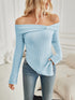 Back view of blue ribbed asymmetrical off-shoulder t-shirt