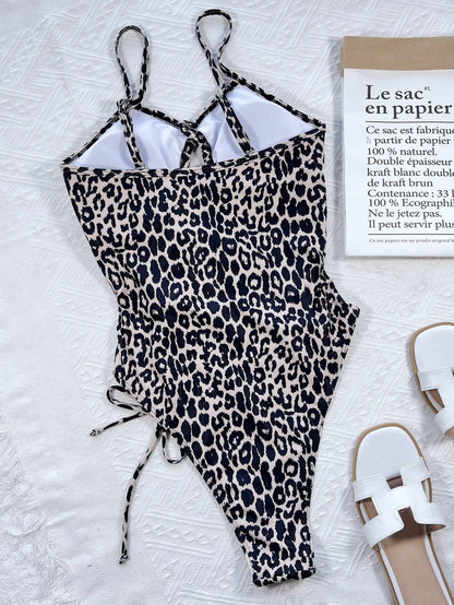 Leopard cutout tied swimsuit laid flat back