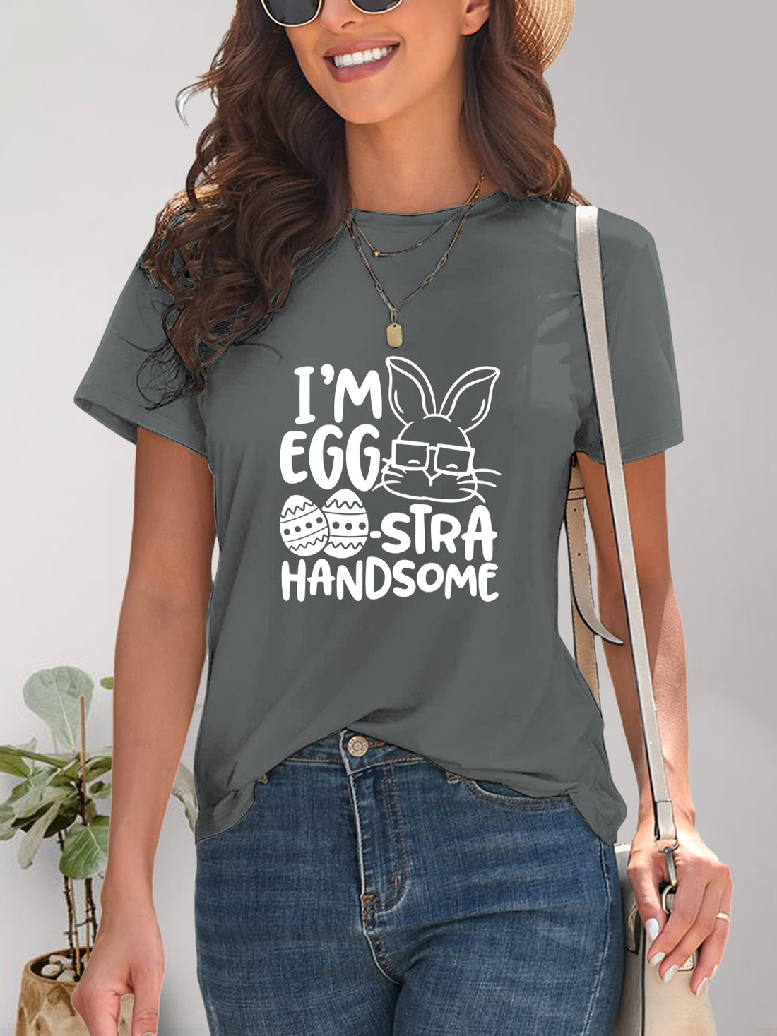 Gray graphic round neck short sleeve T-shirt