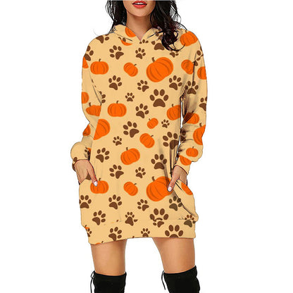 Halloween print mid-length pocket hooded long-sleeved sweatshirt